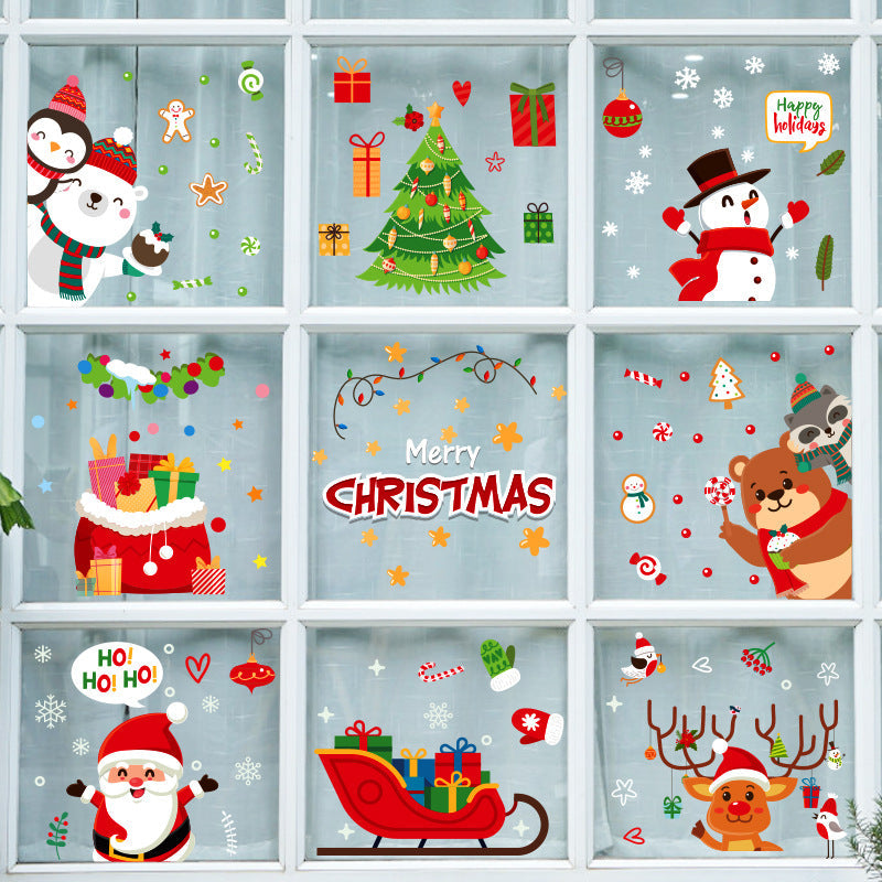 Christmas Cartoon Santa Snowman Penguin Fox Polar Bear Gift Bag Sleigh Electrostatic Wall Window Sticker SKJD2316