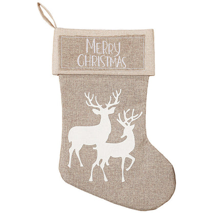 Merry Christmas Santa Snowman Elk House Printed Khaki Linen Christmas Socks Gift Bag Home Decoration
