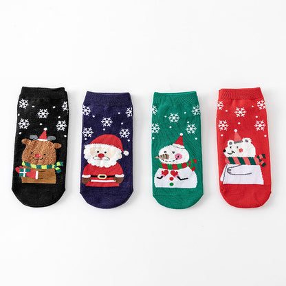 Christmas Ladies Cartoon Elk Santa Snowman Polar Bear Snowflake Polka Dot Cotton Socks 4 Pairs
