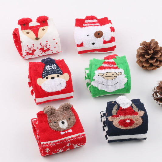 Christmas Cute Elk Bear Santa Claus Dog Striped Polka Dot Tube Socks 6Pairs