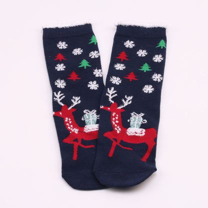 Christmas Snowflake Elk Santa Claus Tree Gift Striped Medium Tube Socks 3/6Pairs