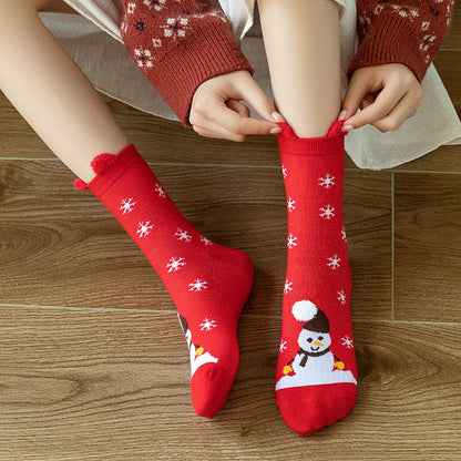 HO HO HO Christmas Striped Elk Tree Gift Santa Claus Snowman Cute Ears Cotton Tube Socks 5Pairs