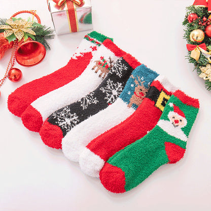 Elk Santa Snowman Snowflake Tree Striped Belt Print Christmas Socks Fall Winter Ladies Thick Coral Velvet Socks 2 Pairs