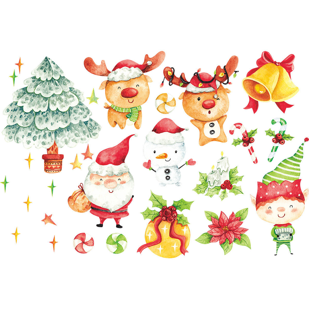 Christmas Cartoon Painted Santa Snowman Tree Kid Wreath Bell Wall Sticker Glass Door Decoration xmas017