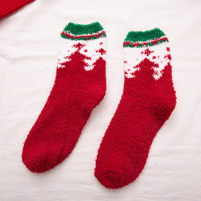 Elk Santa Snowman Snowflake Tree Striped Belt Print Christmas Socks Fall Winter Ladies Thick Coral Velvet Socks 2 Pairs