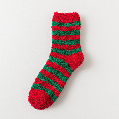 Elk Santa Snowman Snowflake Tree Striped Belt Print Christmas Socks Fall Winter Ladies Thick Coral Velvet Socks 2 Pairs