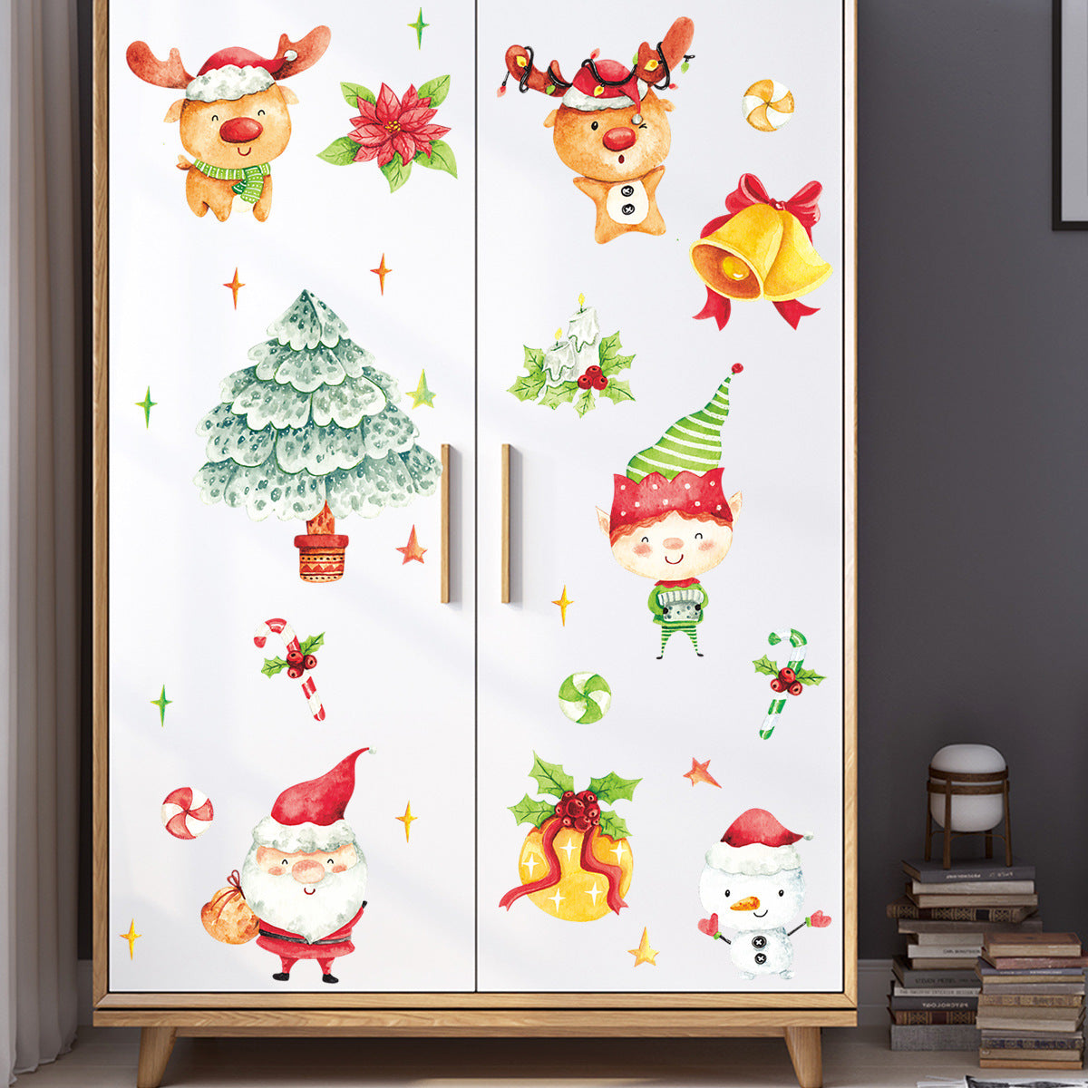 Christmas Cartoon Painted Santa Snowman Tree Kid Wreath Bell Wall Sticker Glass Door Decoration xmas017