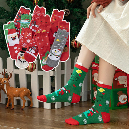 HO HO HO Christmas Striped Elk Tree Gift Santa Claus Snowman Cute Ears Cotton Tube Socks 5Pairs
