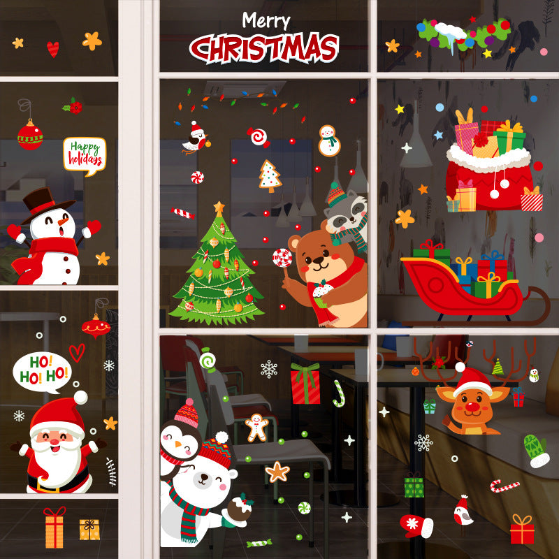 Christmas Cartoon Santa Snowman Penguin Fox Polar Bear Gift Bag Sleigh Electrostatic Wall Window Sticker SKJD2316