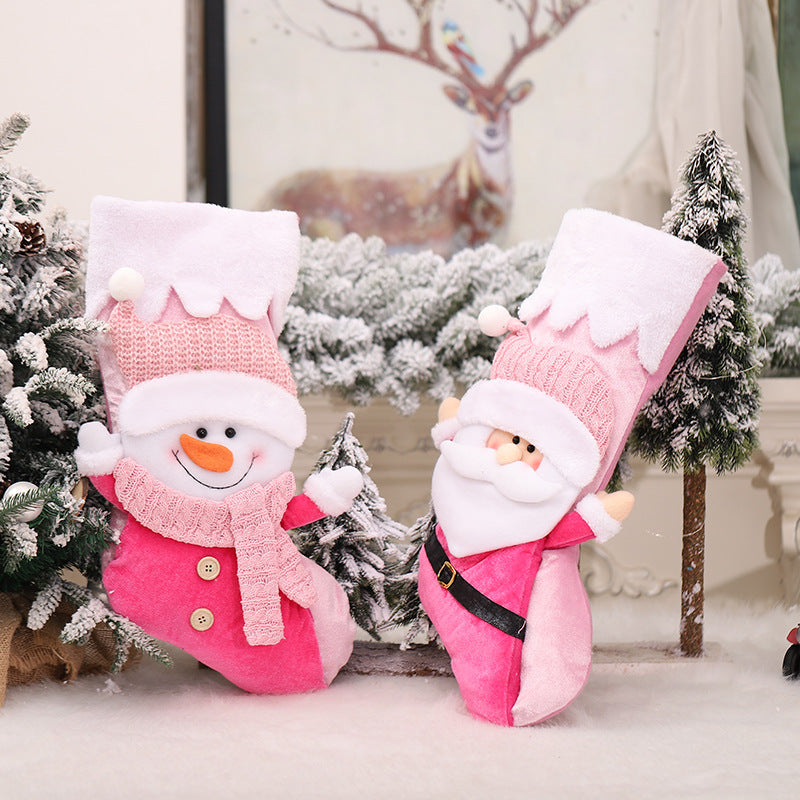 Christmas Home Decoration 3D Snowman Santa Claus Doll Pink Christmas Socks Candy Bags