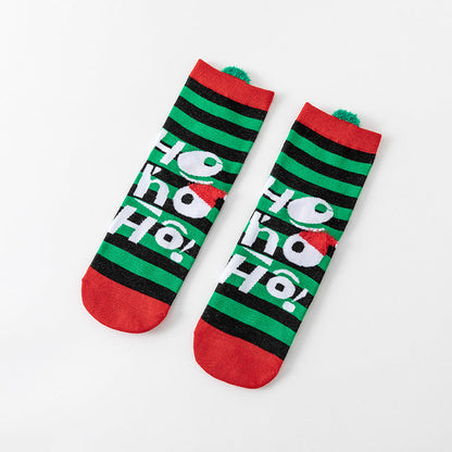 HO HO HO Christmas Striped Elk Tree Gift Santa Claus Snowman Cute Ears Cotton Tube Socks 5Pairs