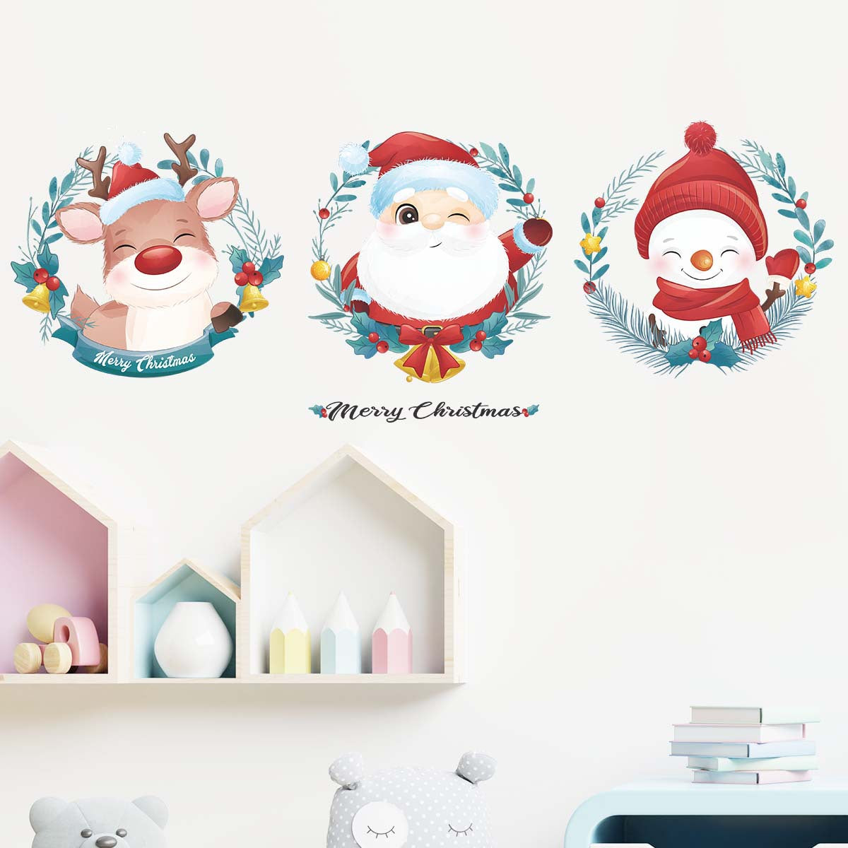 Christmas Cartoon Wreath Santa Deer Snowman Window Glass Door Wall Sticker xmas022