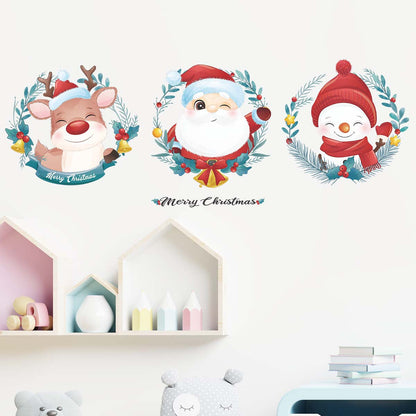 Christmas Cartoon Wreath Santa Deer Snowman Window Glass Door Wall Sticker xmas022