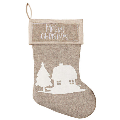 Merry Christmas Santa Snowman Elk House Printed Khaki Linen Christmas Socks Gift Bag Home Decoration