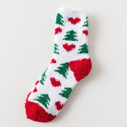 Elk Santa Snowman Snowflake Tree Striped Belt Print Christmas Socks Fall Winter Ladies Thick Coral Velvet Socks 2 Pairs
