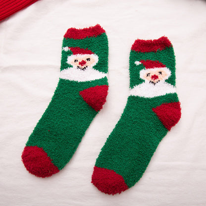 Elk Santa Snowman Snowflake Tree Striped Belt Print Christmas Socks Fall Winter Ladies Thick Coral Velvet Socks 2 Pairs