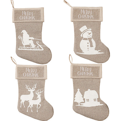 Merry Christmas Santa Snowman Elk House Printed Khaki Linen Christmas Socks Gift Bag Home Decoration