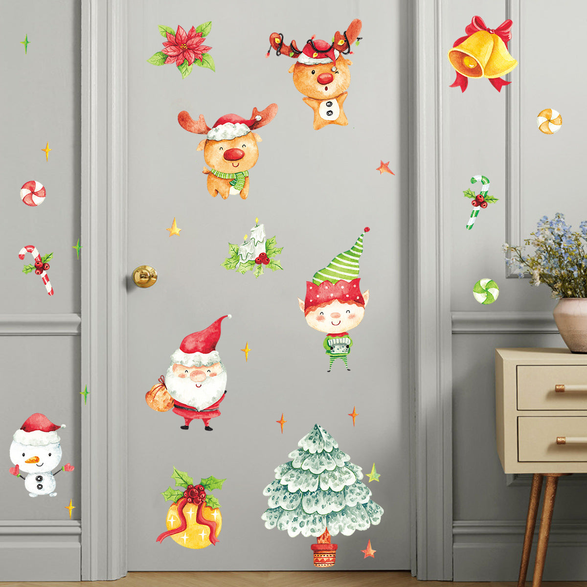 Christmas Cartoon Painted Santa Snowman Tree Kid Wreath Bell Wall Sticker Glass Door Decoration xmas017