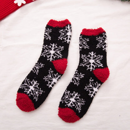 Elk Santa Snowman Snowflake Tree Striped Belt Print Christmas Socks Fall Winter Ladies Thick Coral Velvet Socks 2 Pairs