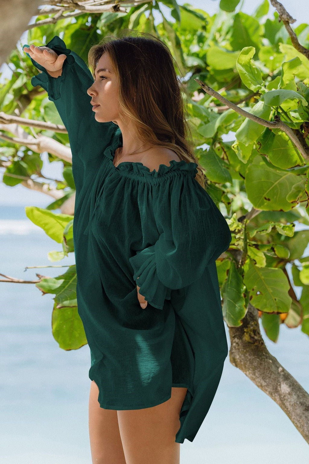Off-Shoulder Lace Up Puff Sleeve Ruched Mini Dress