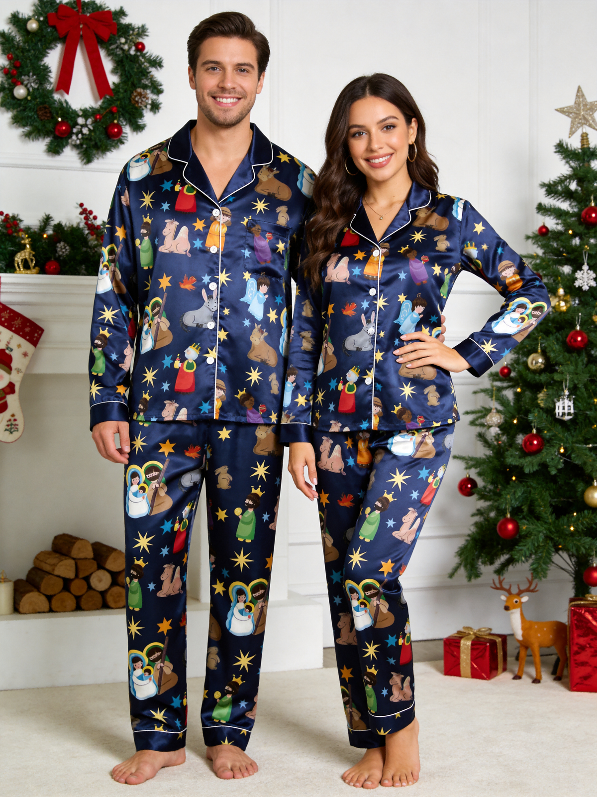 Family Matching Christmas Nativity Scene Family Family Satin Pajama Set Luxury Long Sleeve Sleepwear