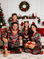 Traditional Red & Green Holiday Tartan Plaid Couple Couple Satin Pajama Set Couple Sleepwear
