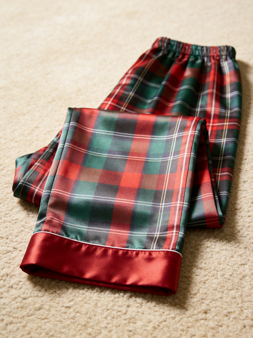 Traditional Red & Green Holiday Tartan Plaid Couple Couple Satin Pajama Set Couple Sleepwear