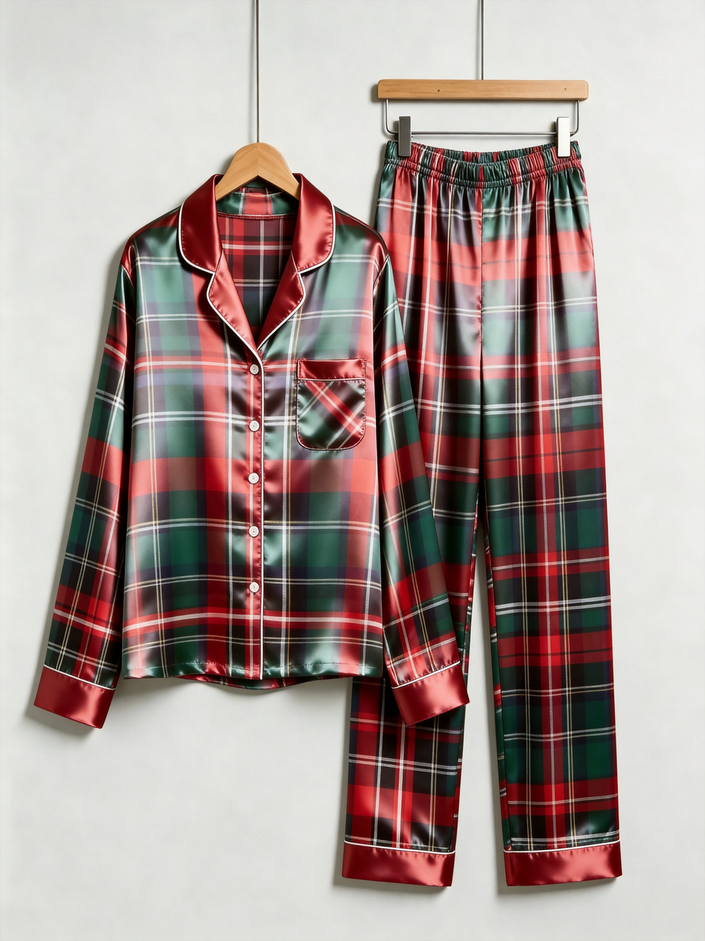 Traditional Red & Green Holiday Tartan Plaid Couple Couple Satin Pajama Set Couple Sleepwear
