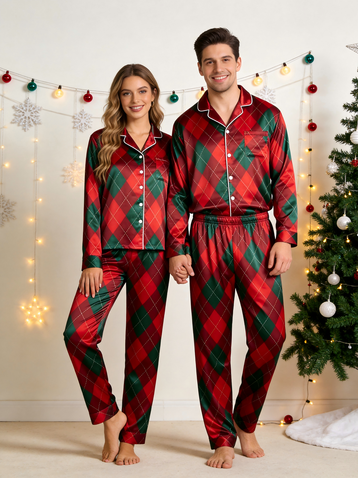 Festive Red & Green Argyle Diamond Pattern Family Family Satin Pajama Set Holiday Sleepwear