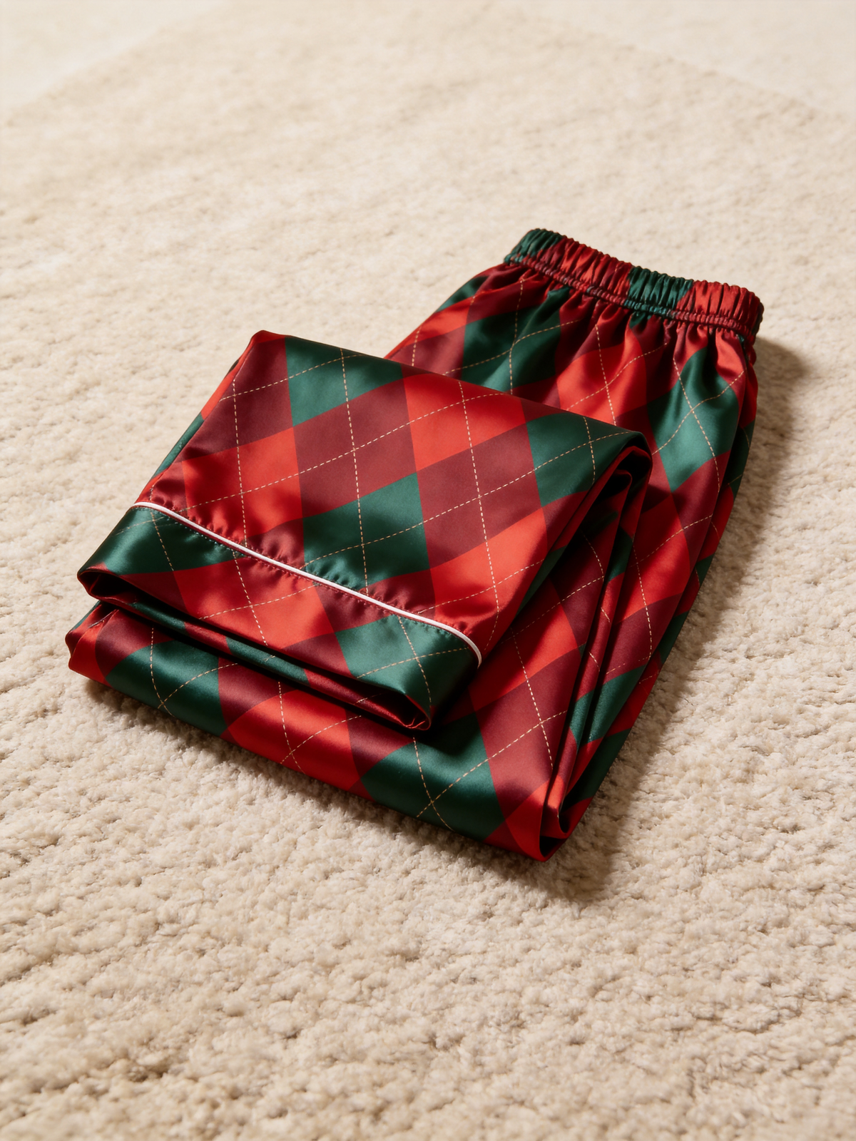 Festive Red & Green Argyle Diamond Pattern Couple Couple Satin Pajama Set Holiday Sleepwear