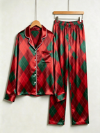 Festive Red & Green Argyle Diamond Pattern Couple Couple Satin Pajama Set Holiday Sleepwear