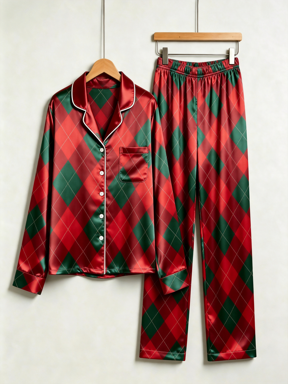 Festive Red & Green Argyle Diamond Pattern Couple Couple Satin Pajama Set Holiday Sleepwear