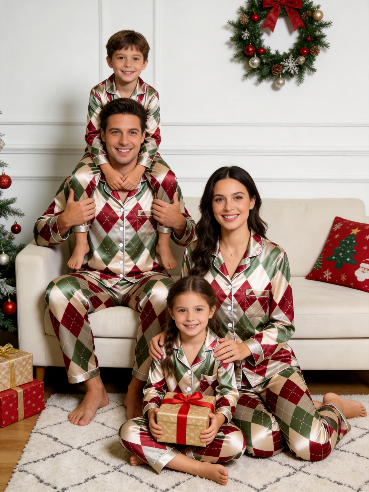 Vintage Burgundy & Sage Green Argyle Pattern Couple Couple Satin Pajama Set Luxury Sleepwear