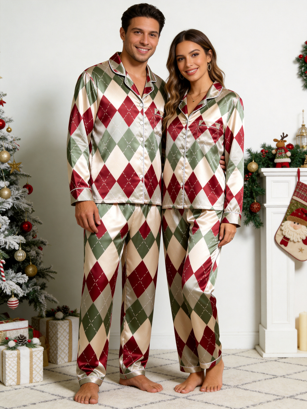 Vintage Burgundy & Sage Green Argyle Pattern Couple Couple Satin Pajama Set Luxury Sleepwear