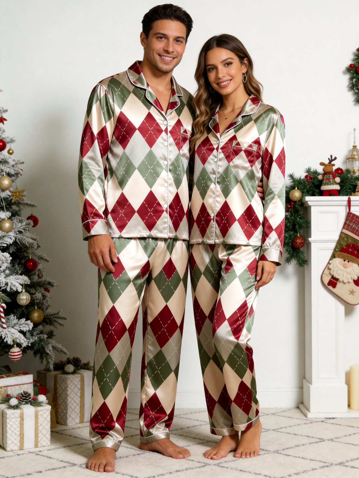 Vintage Burgundy & Sage Green Argyle Pattern Family Family Satin Pajama Set Luxury Sleepwear