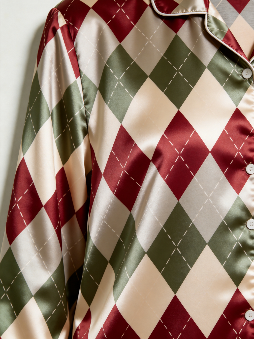 Vintage Burgundy & Sage Green Argyle Pattern Couple Couple Satin Pajama Set Luxury Sleepwear