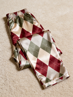 Vintage Burgundy & Sage Green Argyle Pattern Couple Couple Satin Pajama Set Luxury Sleepwear
