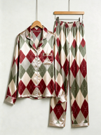 Vintage Burgundy & Sage Green Argyle Pattern Couple Couple Satin Pajama Set Luxury Sleepwear