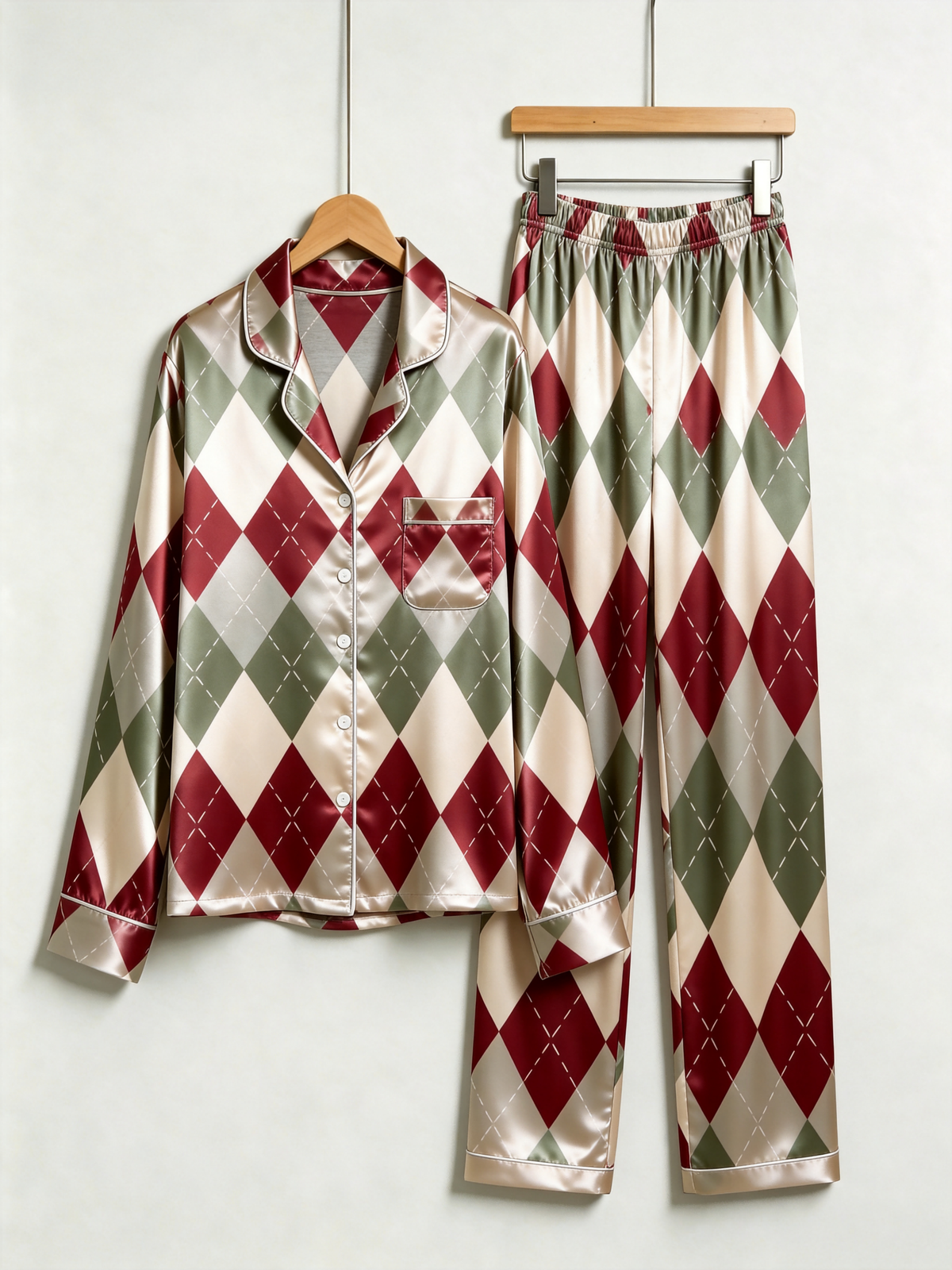 Vintage Burgundy & Sage Green Argyle Pattern Couple Couple Satin Pajama Set Luxury Sleepwear