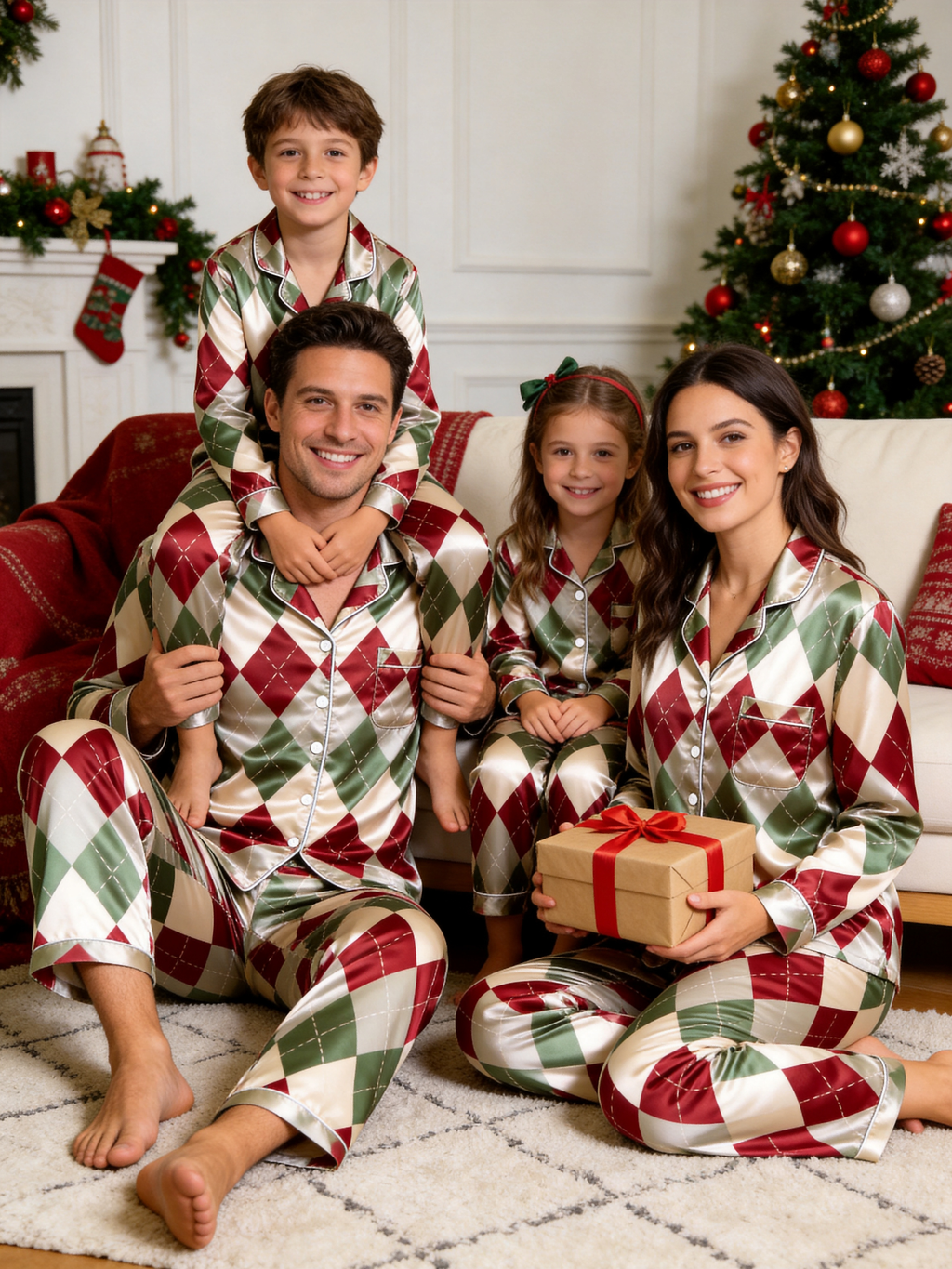 Vintage Burgundy & Sage Green Argyle Pattern Couple Couple Satin Pajama Set Luxury Sleepwear