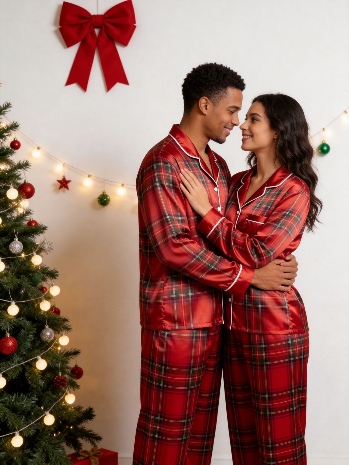 Luxury Crimson Red Tartan Plaid Family Family Satin Pajama Set Holiday Matching Sleepwear