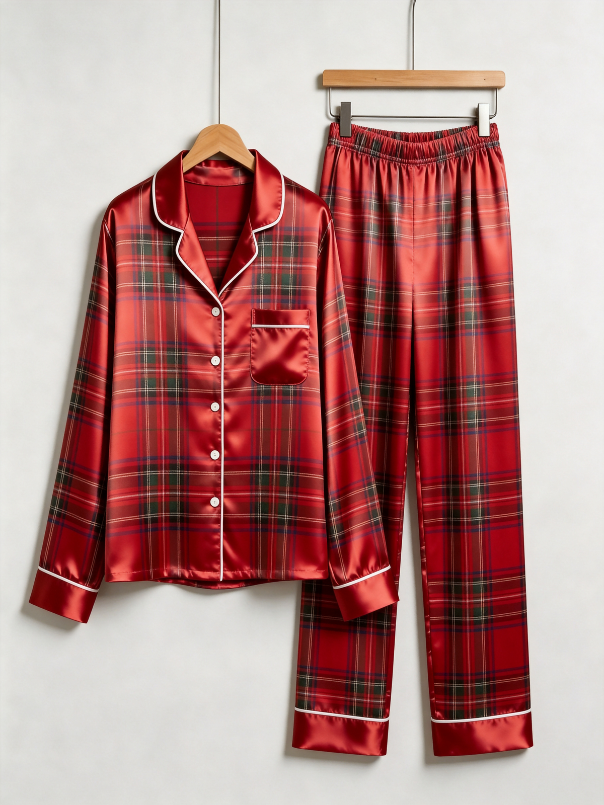 Luxury Crimson Red Tartan Plaid Family Family Satin Pajama Set Holiday Matching Sleepwear