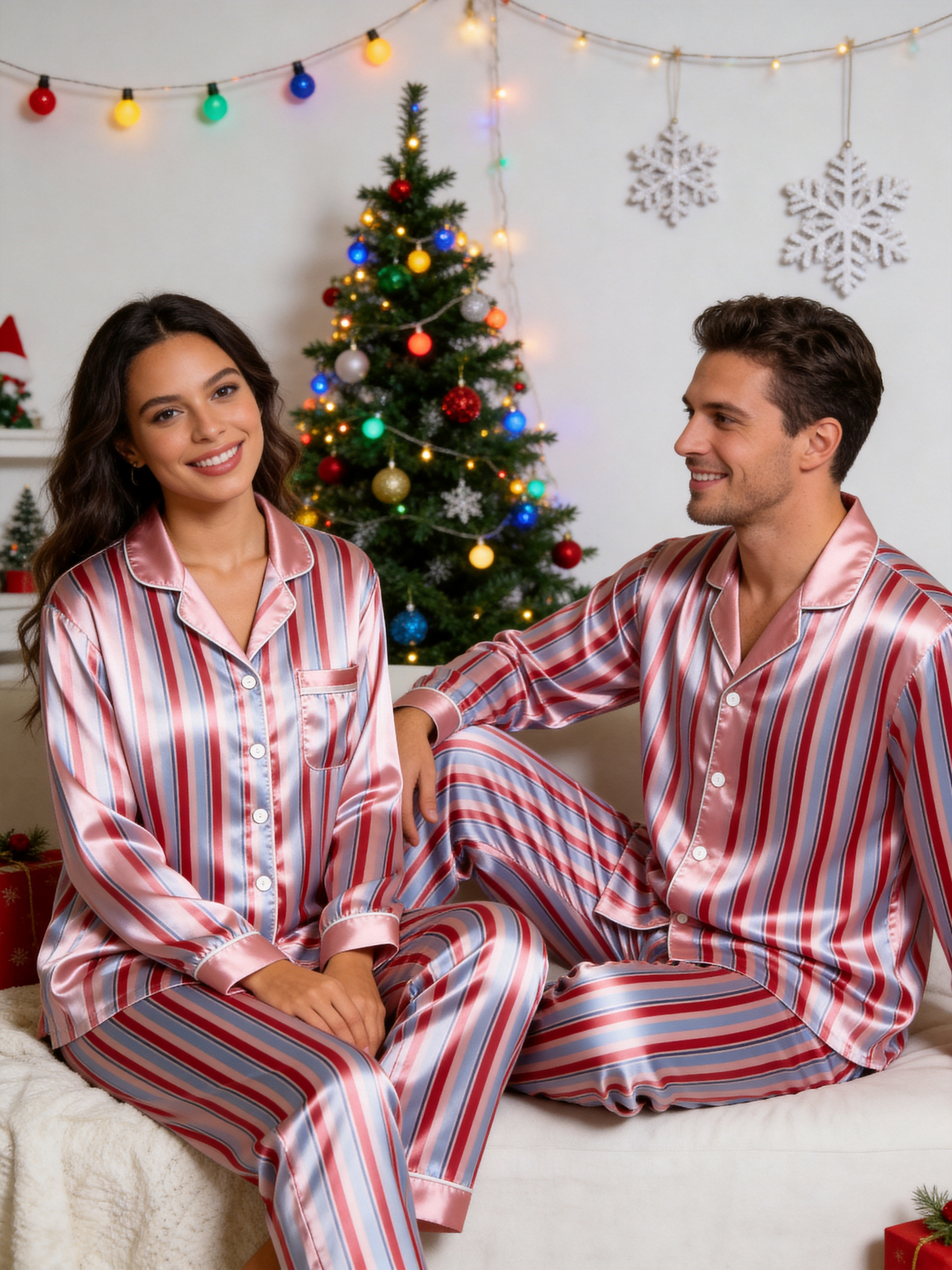 Chic Pink & Red Striped Family Family Satin Pajama Set Long Sleeve Luxury Sleepwear