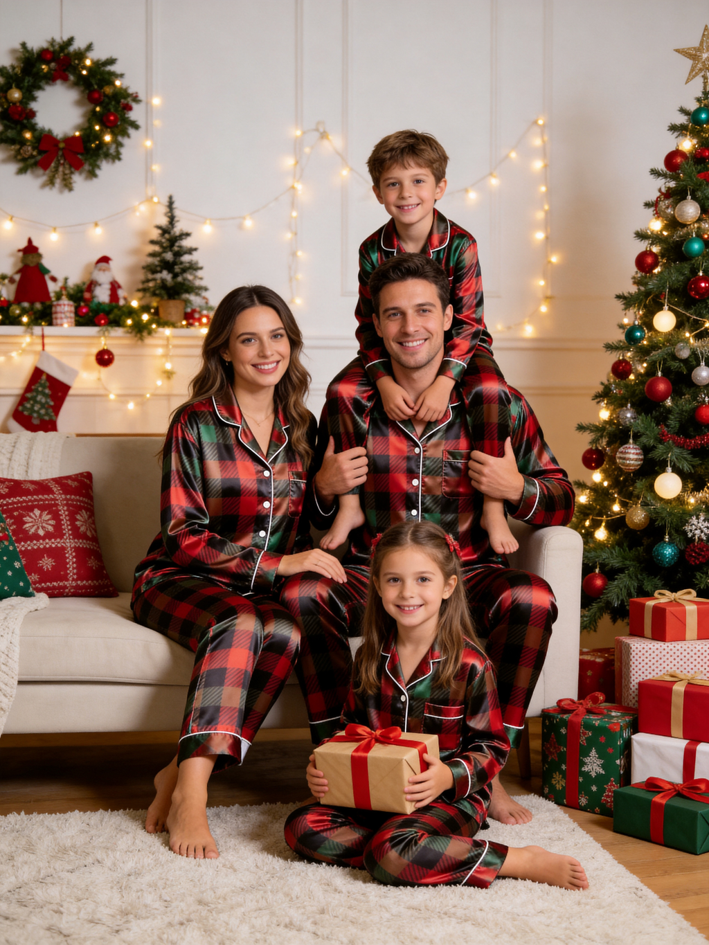Cozy Buffalo Plaid Holiday Couple Satin Pajama Set Couple Matching Sleepwear