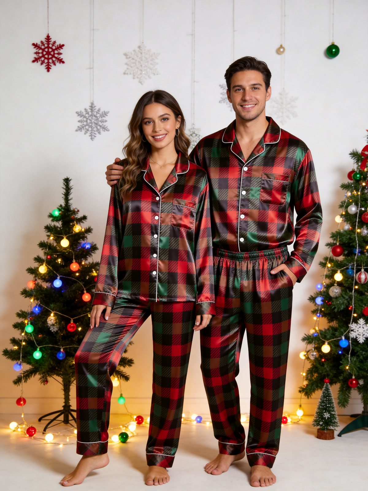 Cozy Buffalo Plaid Holiday Couple Satin Pajama Set Couple Matching Sleepwear