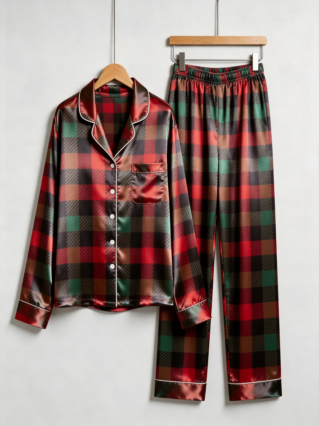 Cozy Buffalo Plaid Holiday Couple Satin Pajama Set Couple Matching Sleepwear