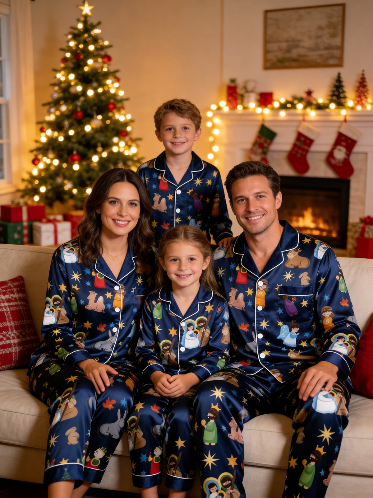 Couple Matching Christmas Nativity Scene Couple Couple Satin Pajama Set Luxury Long Sleeve Sleepwear
