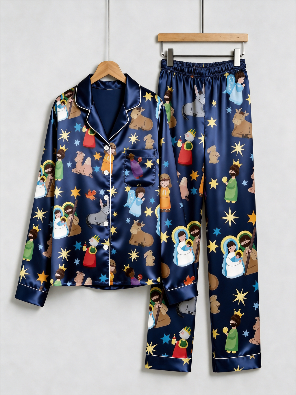 Couple Matching Christmas Nativity Scene Couple Couple Satin Pajama Set Luxury Long Sleeve Sleepwear