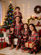 Classic Red & Green Tartan Plaid Holiday Couple Satin Pajama Set Couple Sleepwear