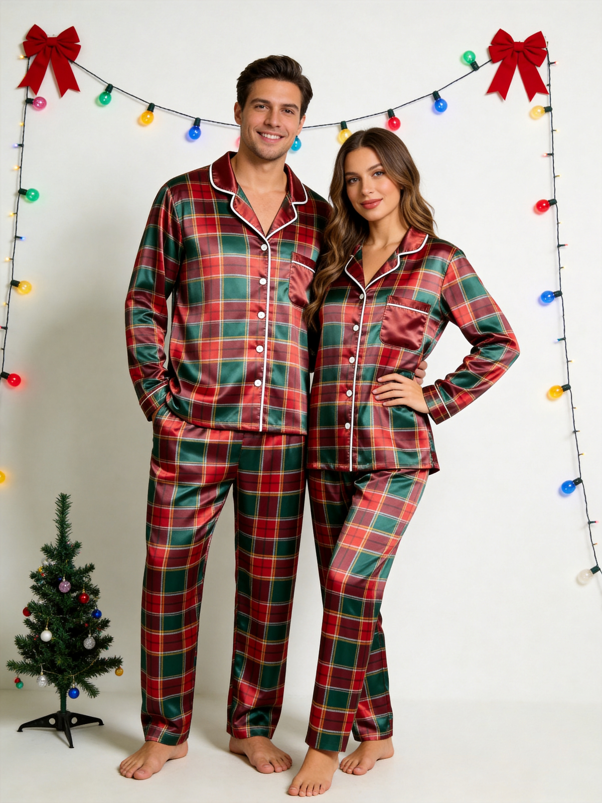 Classic Red & Green Tartan Plaid Holiday Family Family Satin Pajama Set Family Sleepwear